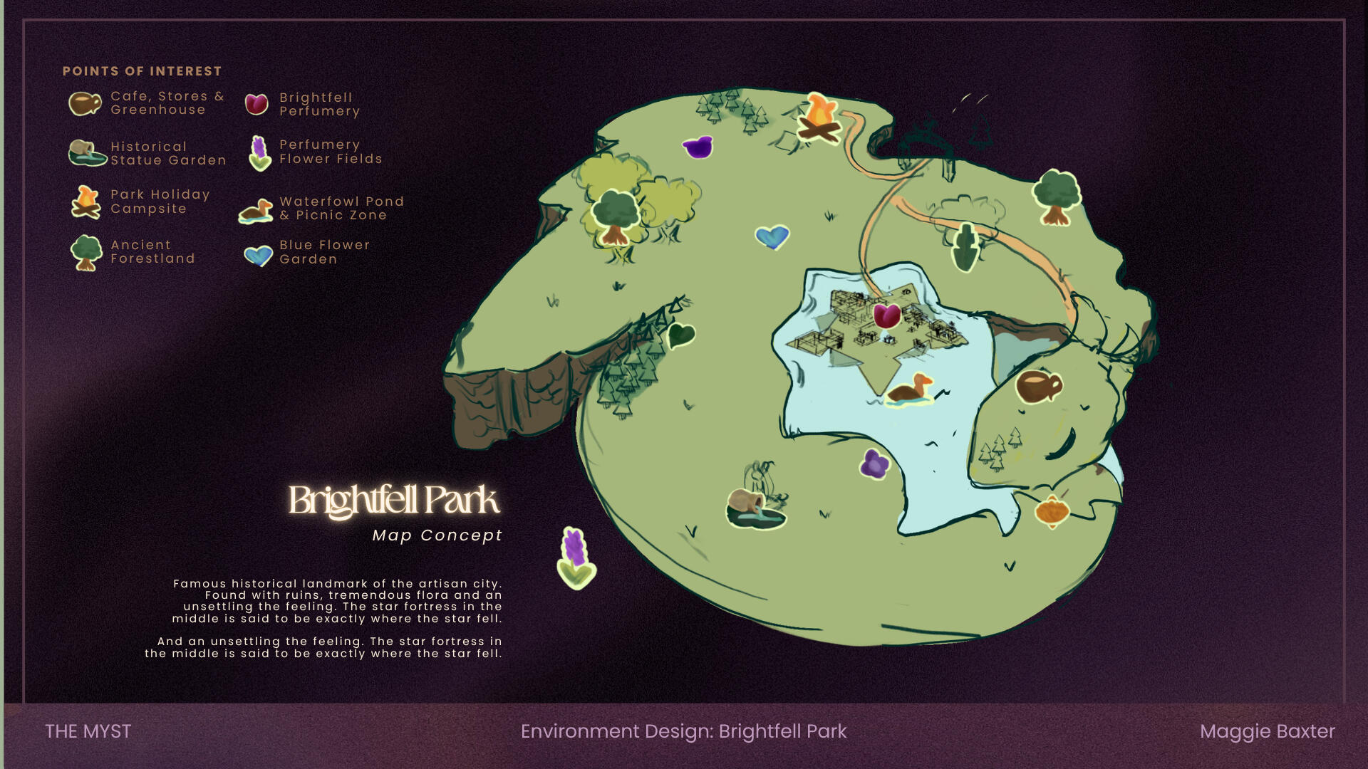 Environment design callouts page for 'The Myst'. See more under the projects tab.