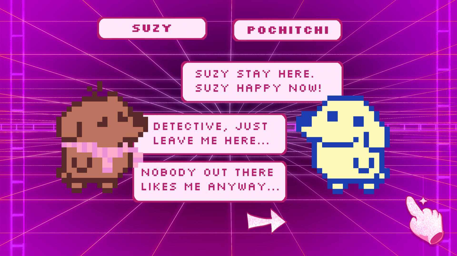 Gameplay mockup. The mystery! Suzy was captured into the digital world by her Tamagotchi!?